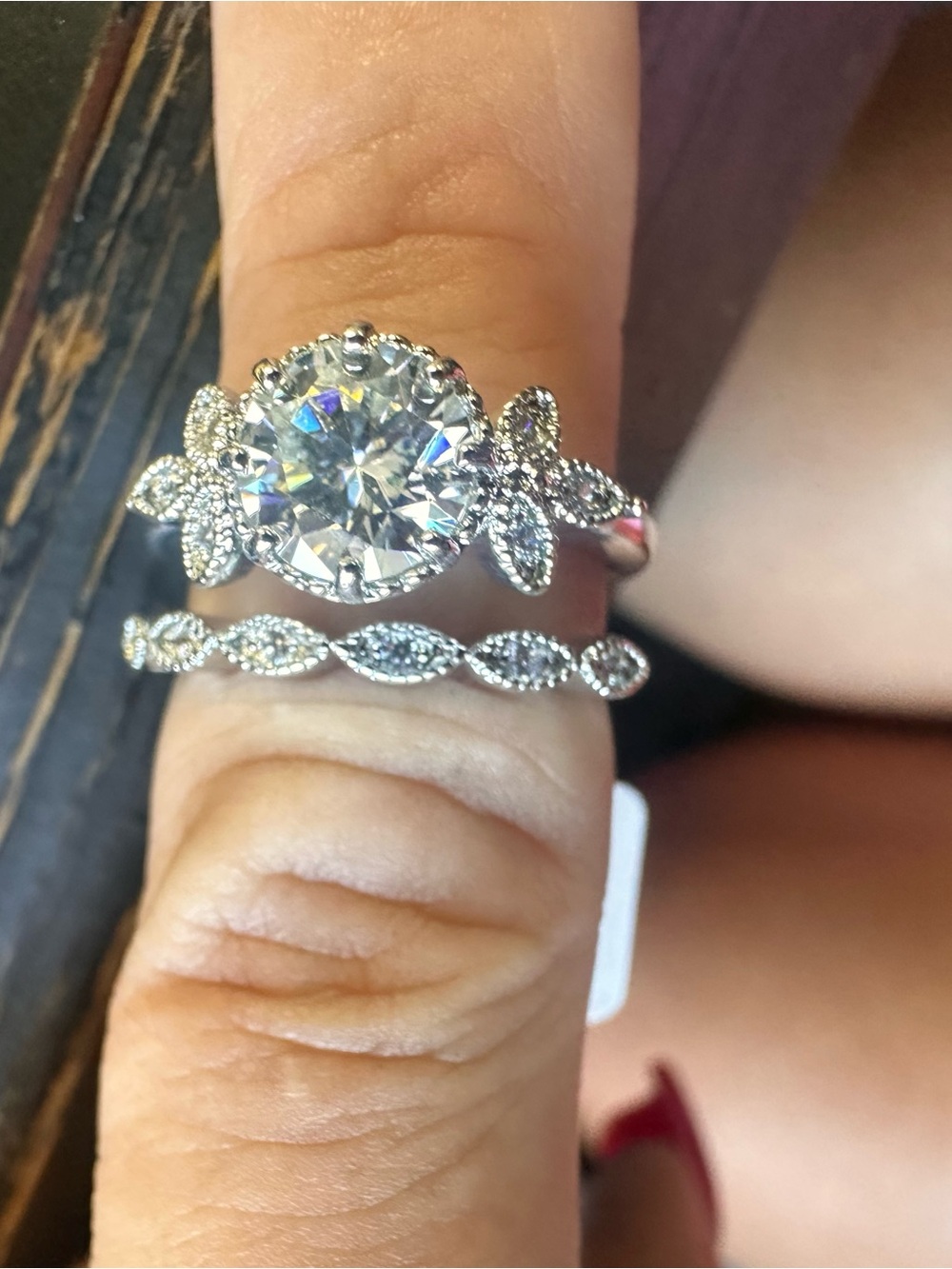 Sterling Silver Floral Halo Solitaire and Milgrain Eternity Ring Set - Silver